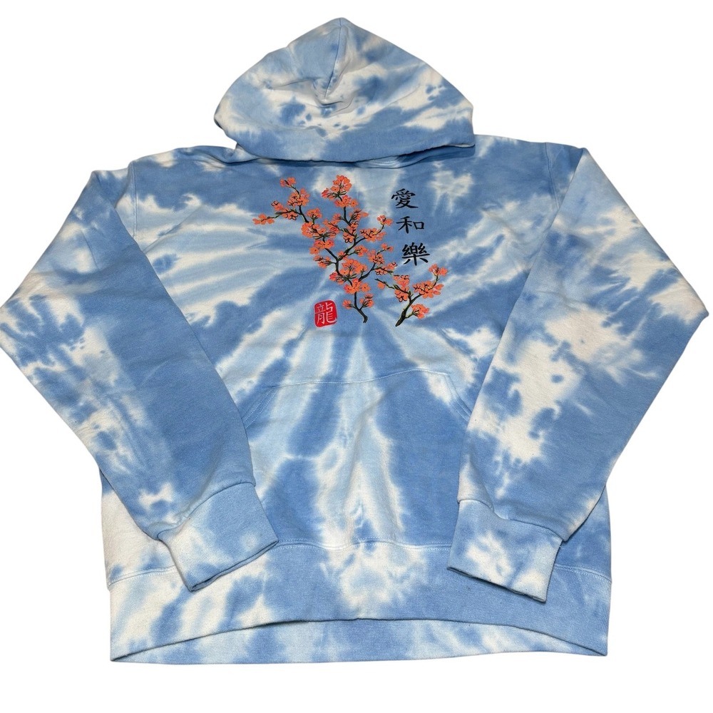 Bowery Supply Co. Blue White Tie Dye Cherry Blossom Hoodie Sweatshirt Medium - Picture 2 of 6